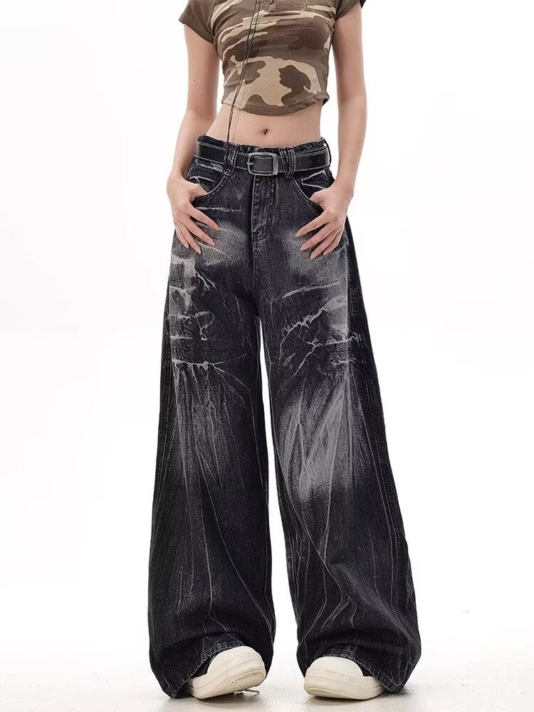 Damen Weite Jeanshose mit modischem Used-Look und hohem Bund Heidi-Mode