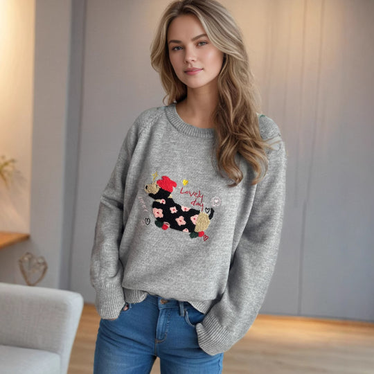 Damen Pullover mit tierischem Motiv und dekorativen Stickereien Heidi-Mode
