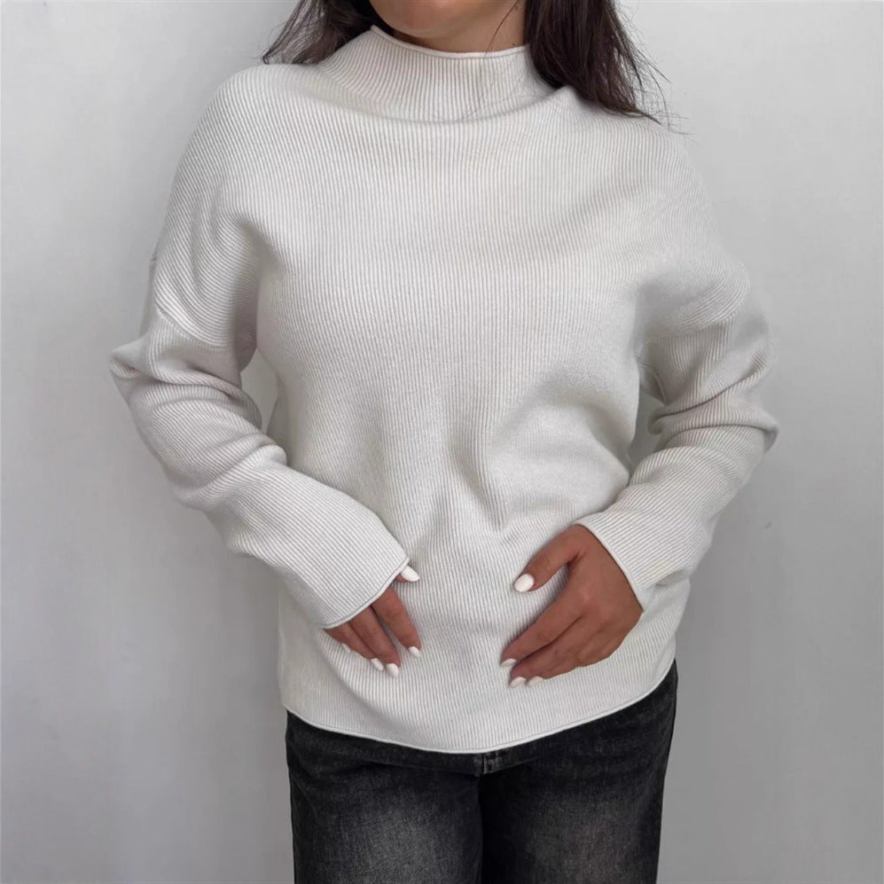 Damen Modernes Strickoberteil mit hochgeschlossenem Kragen und feinem Rippenmuster Heidi-Mode