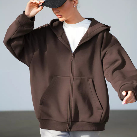 Damen oversized Kapuzenjacke mit durchgehendem Reißverschluss und großen Taschen Heidi-Mode