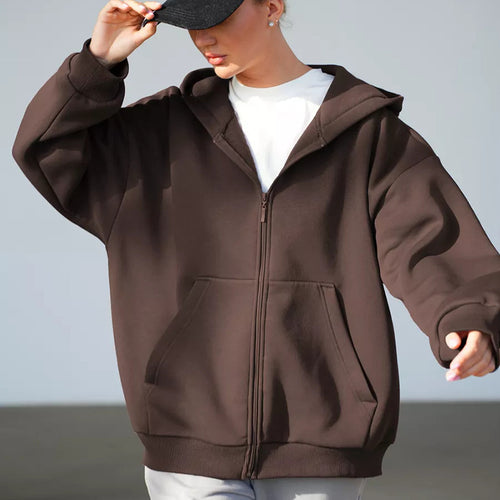 Damen oversized Kapuzenjacke mit durchgehendem Reißverschluss und großen Taschen Heidi-Mode
