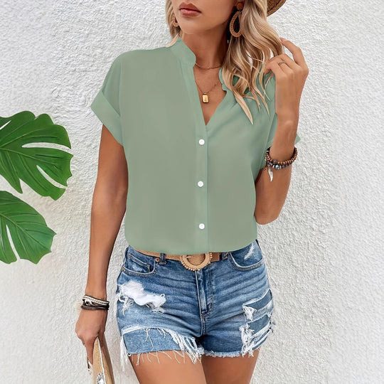 Damen Kurze Bluse mit Stehkragen und Knopfverschluss Heidi-Mode