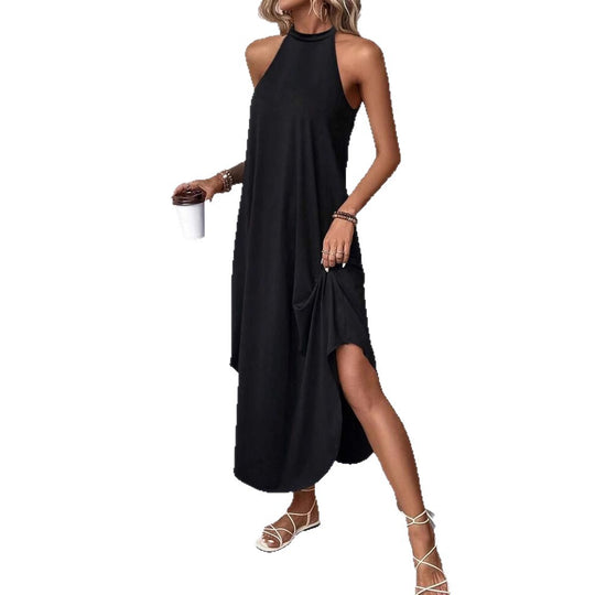 Damen lässiges Sommermaxikleid mit elegantem Halternetz und praktischen Taschen Heidi-Mode