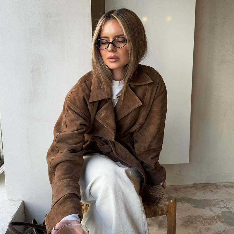 Damen Modische Wildleder-Trenchjacke mit schickem Gürtel Heidi-Mode