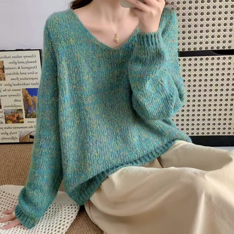 Damen leichter Strickpullover mit V-Ausschnitt und voluminösen Ärmeln Heidi-Mode