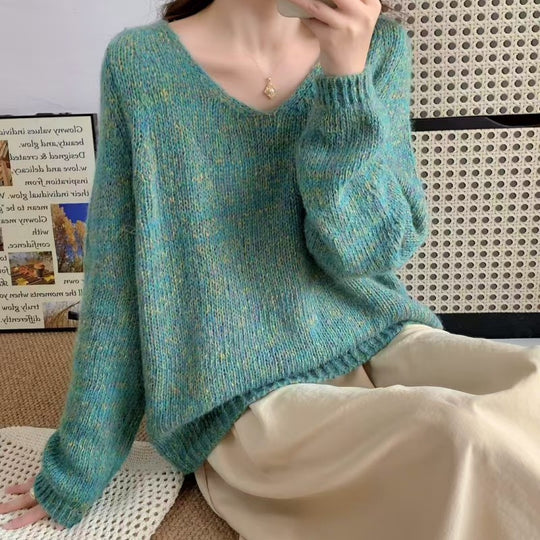 Damen leichter Strickpullover mit V-Ausschnitt und voluminösen Ärmeln Heidi-Mode