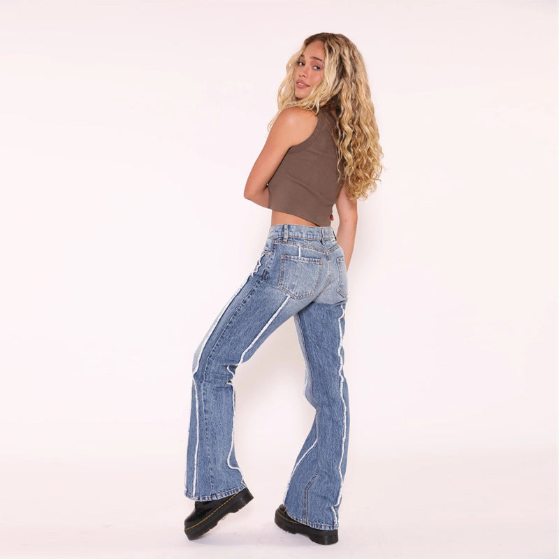 Damen Weit geschnittene Jeans mit gestreiftem Design und fransigem Saum Heidi-Mode
