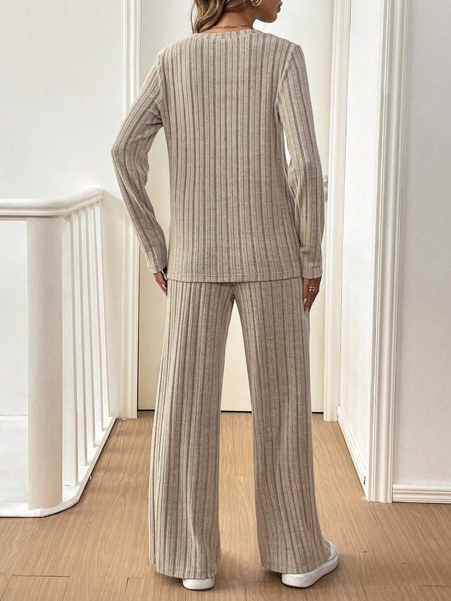 Damen Lässiges Lounge-Set mit strukturiertem Rippenmuster und Knopfdetail Heidi-Mode