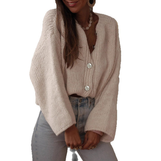 Damen kuschelige Strickjacke mit oversized Ärmeln und eleganten Perlenknöpfen Heidi-Mode