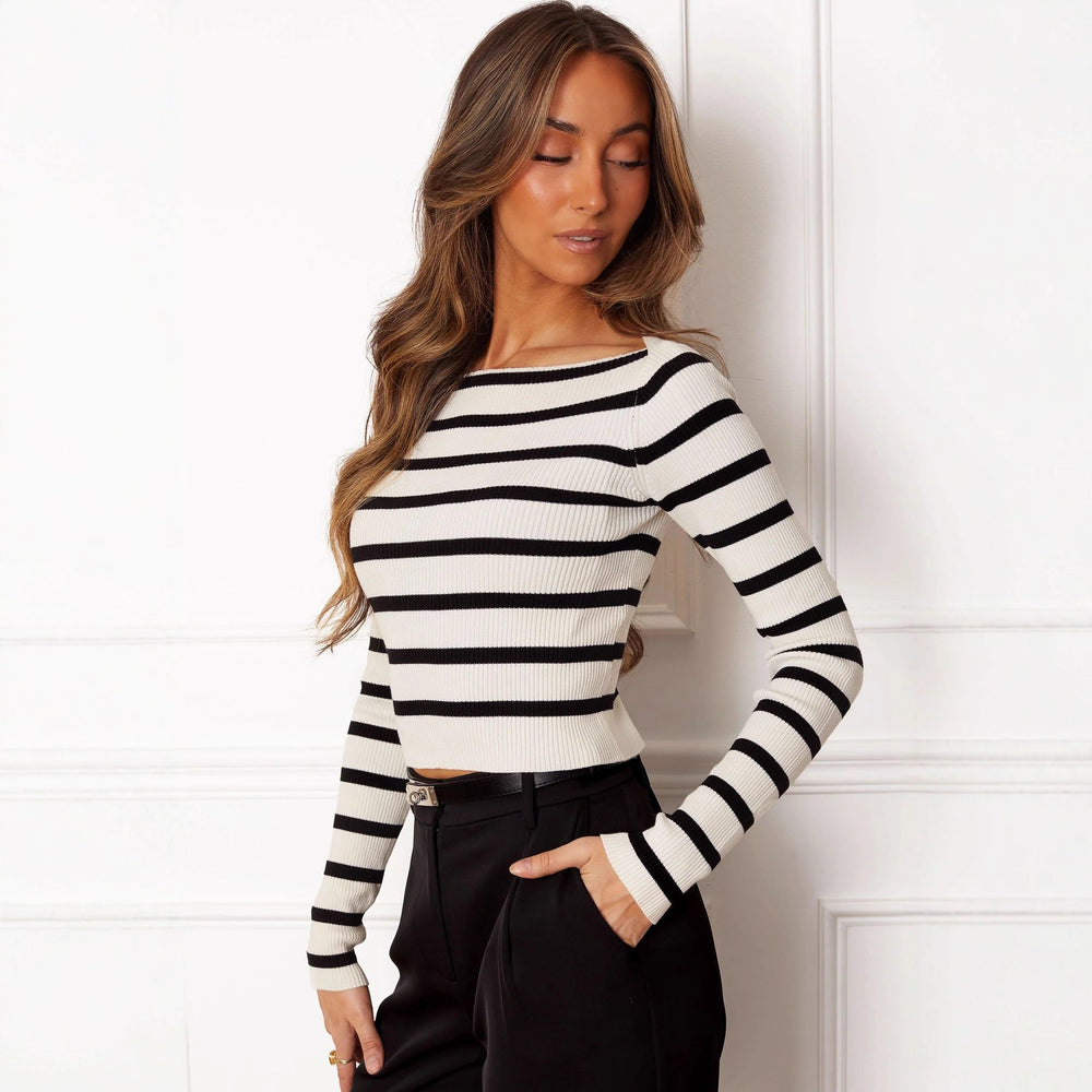 Damen Cropped Langarmshirt mit gestreiftem Muster und weichem Rippdesign Heidi-Mode