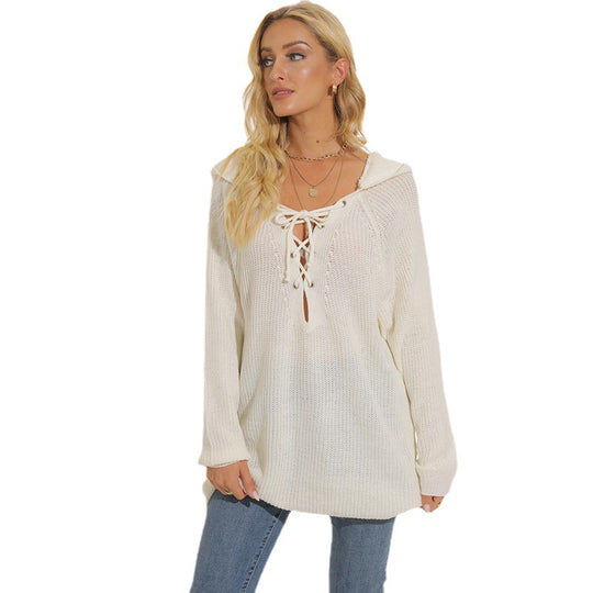Damen lässiger Strickpullover mit einzigartigem Schnürdesign und lockerer Passform Heidi-Mode