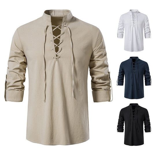 Herren lässiges Langarmhemd mit modernem Schnürdesign und hochqualitativer Baumwolle Heidi-Mode