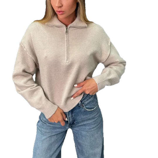 Damen modischer Sweater mit halbem Reißverschluss und weiten Ärmeln Heidi-Mode