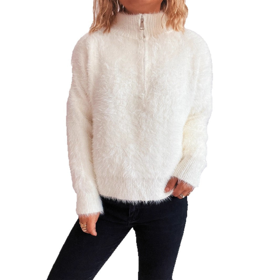 Damen kuscheliger Pullover mit hohem Kragen und Reißverschluss Heidi-Mode