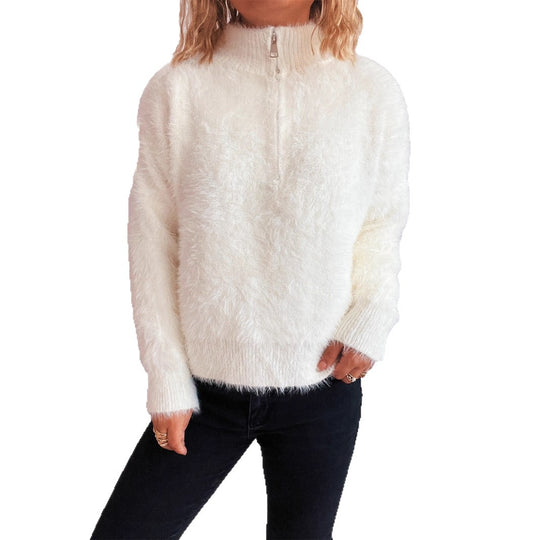 Damen kuscheliger Pullover mit hohem Kragen und Reißverschluss Heidi-Mode