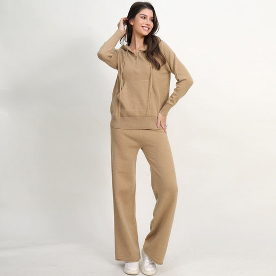 Damen lässiges Strick-Loungewear-Set mit Kapuze und weitem Bein Heidi-Mode