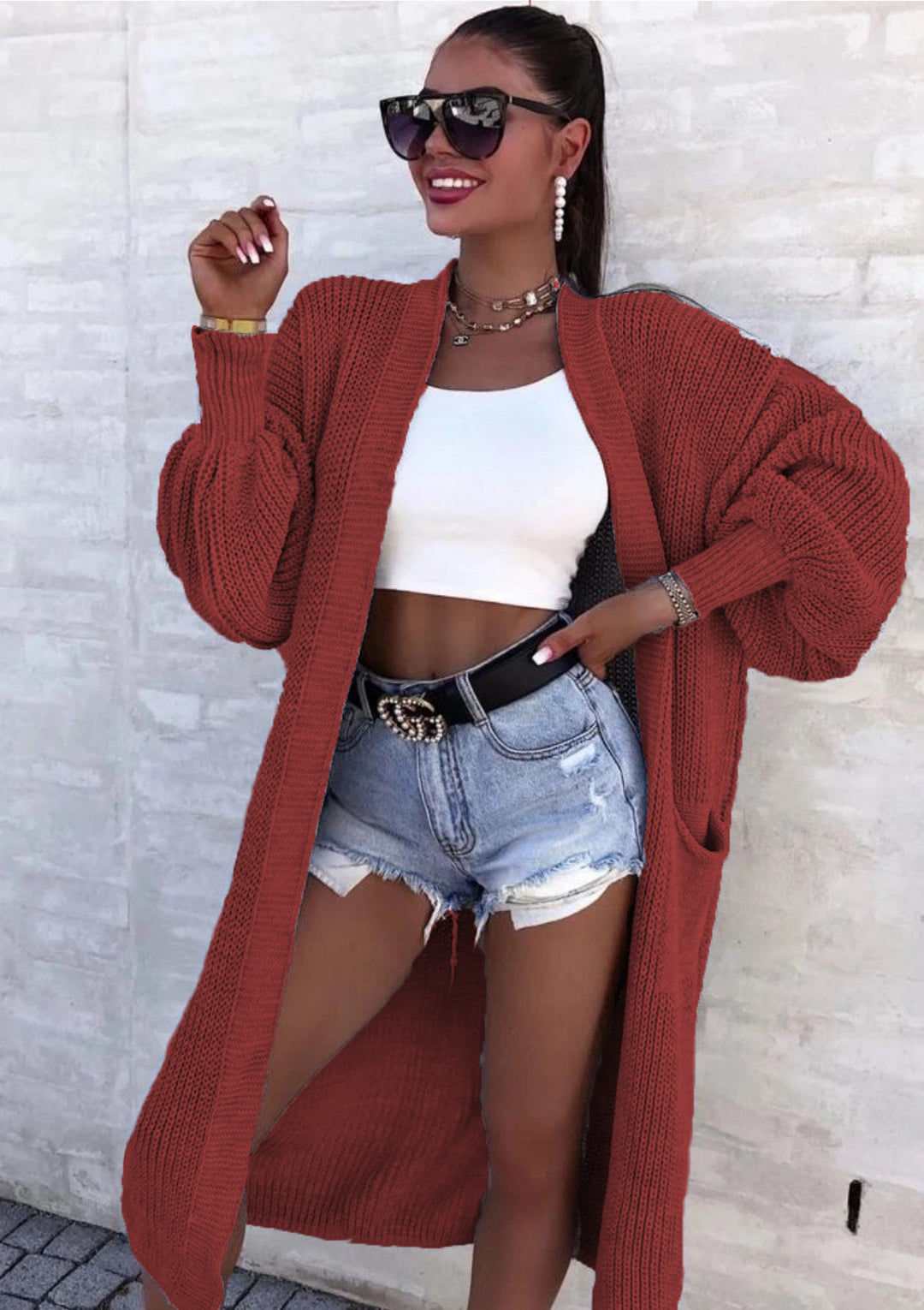 Damen Langer Strickcardigan mit weiten Ärmeln und praktischen Taschen Heidi-Mode