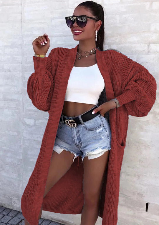 Damen Langer Strickcardigan mit weiten Ärmeln und praktischen Taschen Heidi-Mode