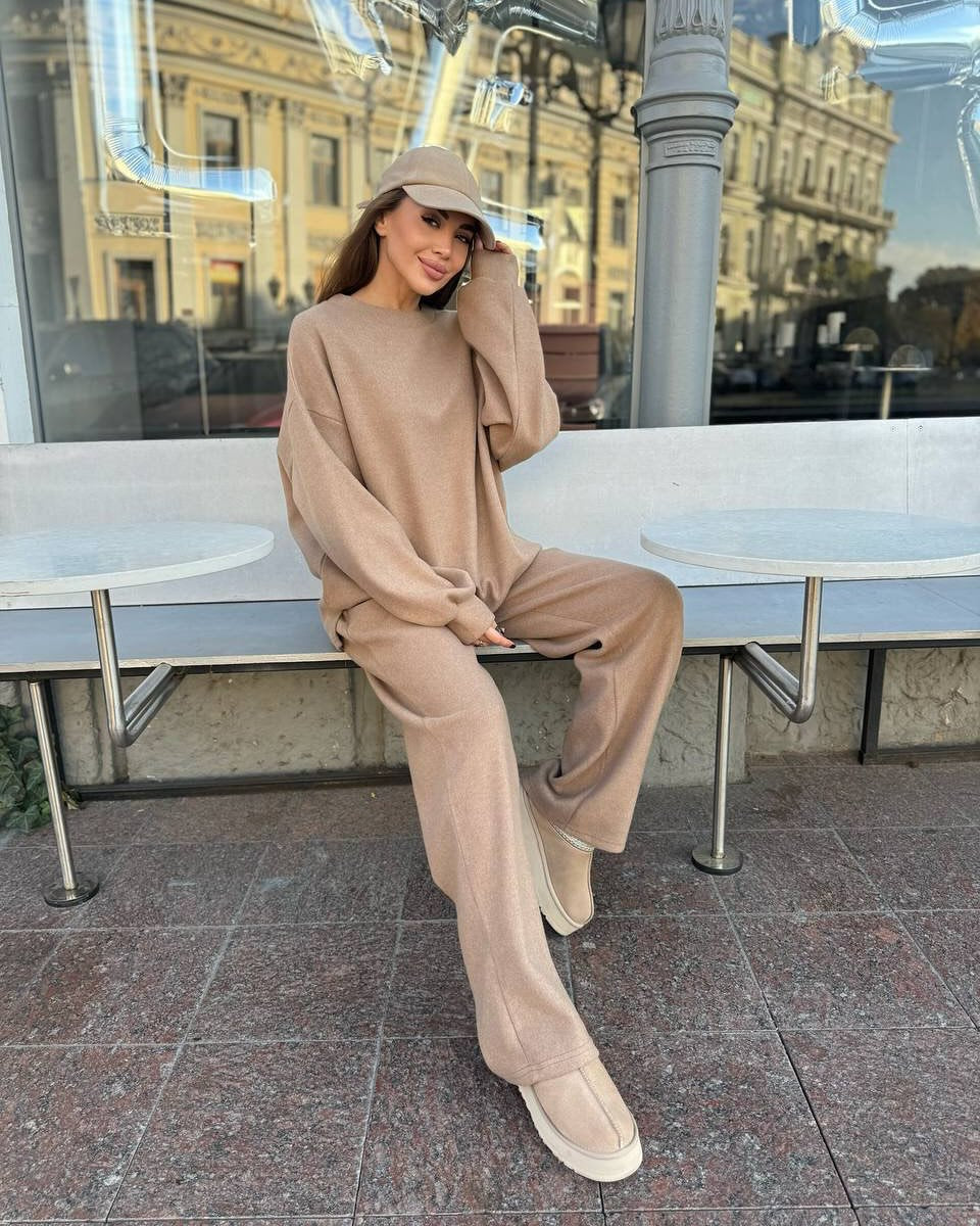 Damen lässiges Fleece-Loungewear-Set mit weichem Oversized-Pullover und bequemen Hosen Heidi-Mode