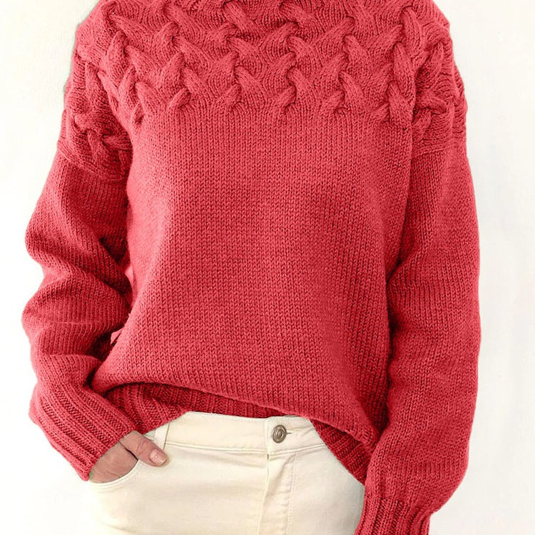 Damen Strickpullover mit hochgeschlossenem Kragen und trendigem Zopfmuster Heidi-Mode