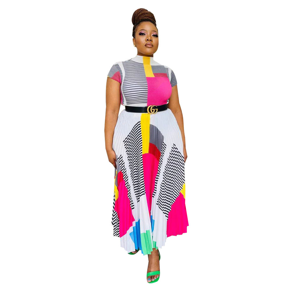 Damen Plissee-Kleid mit hohem Taillenbund und elegantem Farbharmoniedesign Heidi-Mode