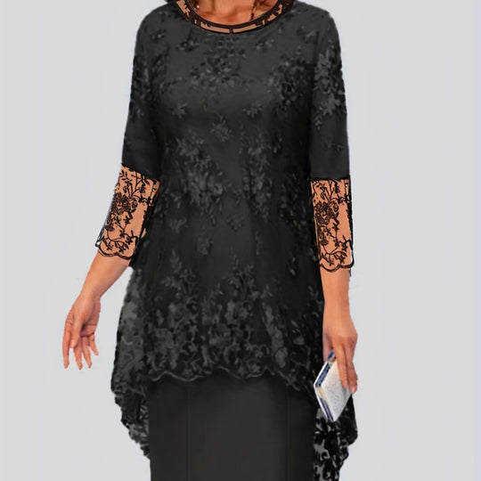 Damen Elegantes Blusen-Kleid mit floralen Spitze-Ärmeln und schwingendem Saum Heidi-Mode