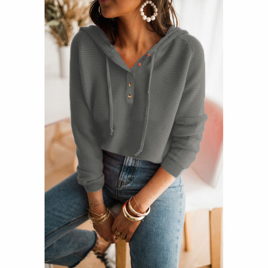 Damen lässiger Kapuzenpullover mit Knopfleiste und hohem Kragen Heidi-Mode