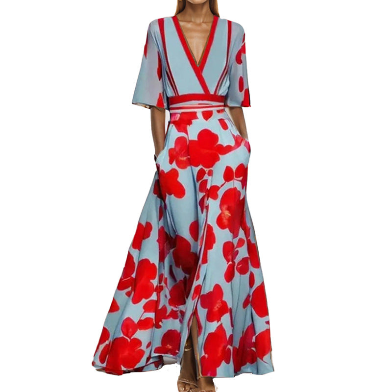 Heidi-Mode | Elegantes V-Ausschnitt Bedrucktes Taillenkleid mit Schößchen