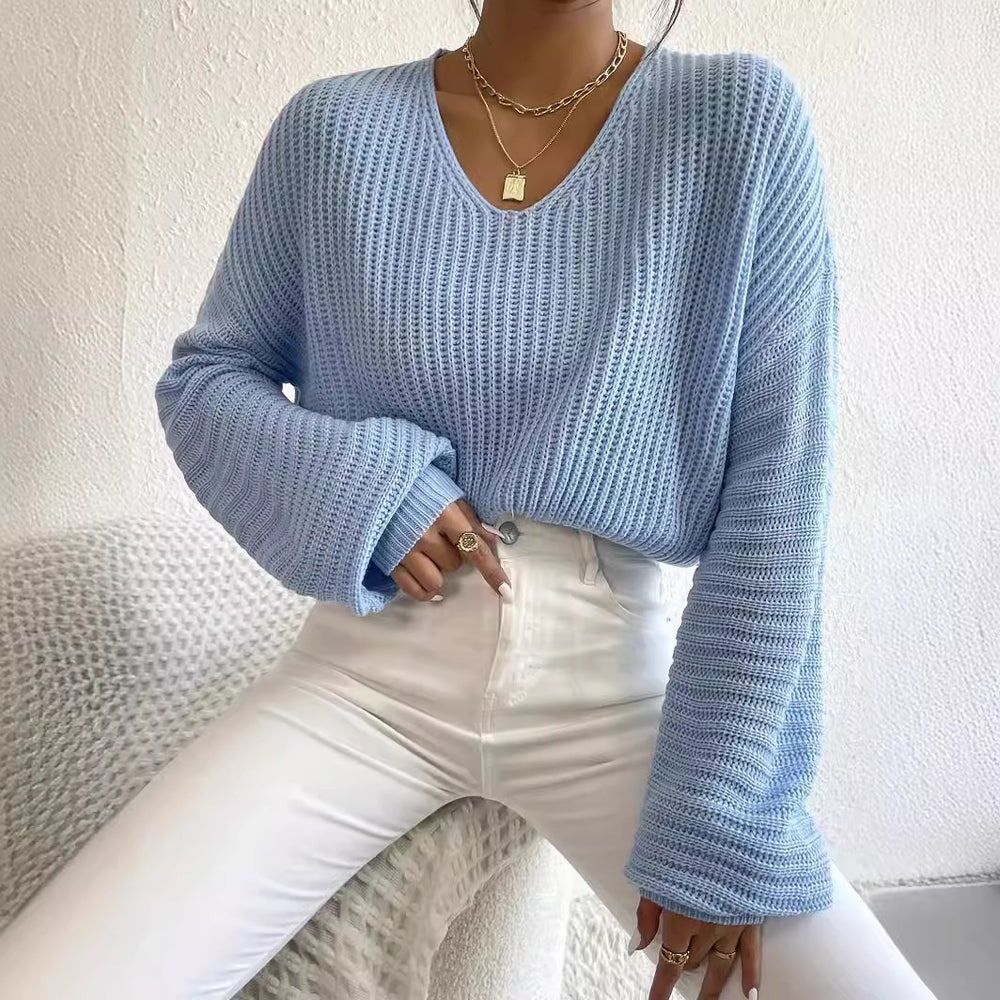 Damen V-Ausschnitt Strickpullover mit weiten Ärmeln Heidi-Mode