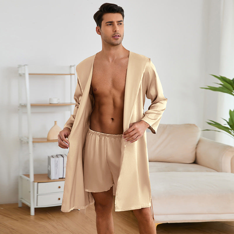 Herren Satin Bademantel mit praktischem Kapuzen-Design Heidi-Mode