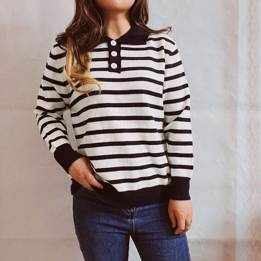 Damen legerer Streifenpullover mit Knopfleiste und weitem Schnitt Heidi-Mode
