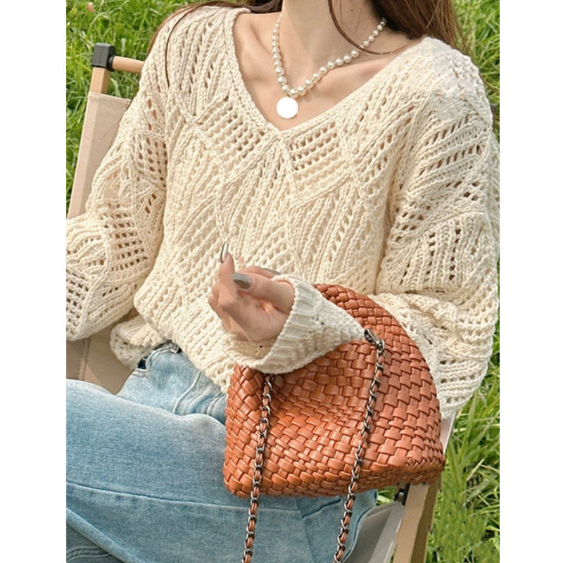 Damen Grobstrick Pullover mit innovativem Lochmuster und lässigem Schnitt Heidi-Mode