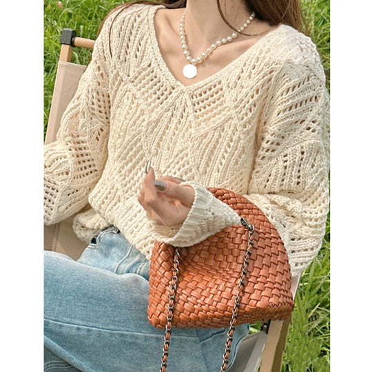 Damen Grobstrick Pullover mit innovativem Lochmuster und lässigem Schnitt Heidi-Mode