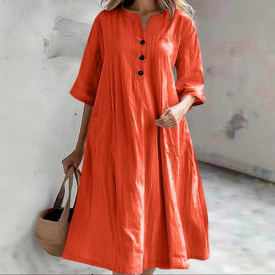 Damen lässiges Baumwollkleid mit Knopfleiste und praktischen Taschen Heidi-Mode