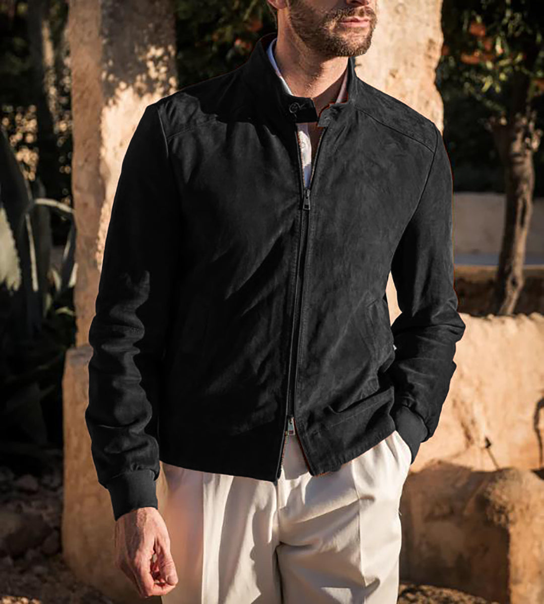 Herren elegante Wildlederjacke mit Stehkragen und seitlichen Eingrifftaschen Heidi-Mode