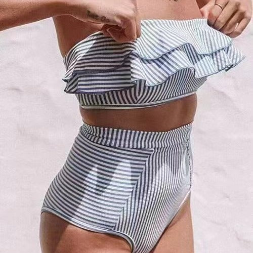 Damen Hochgeschnittener Bikini mit Rüschen-Top Heidi-Mode