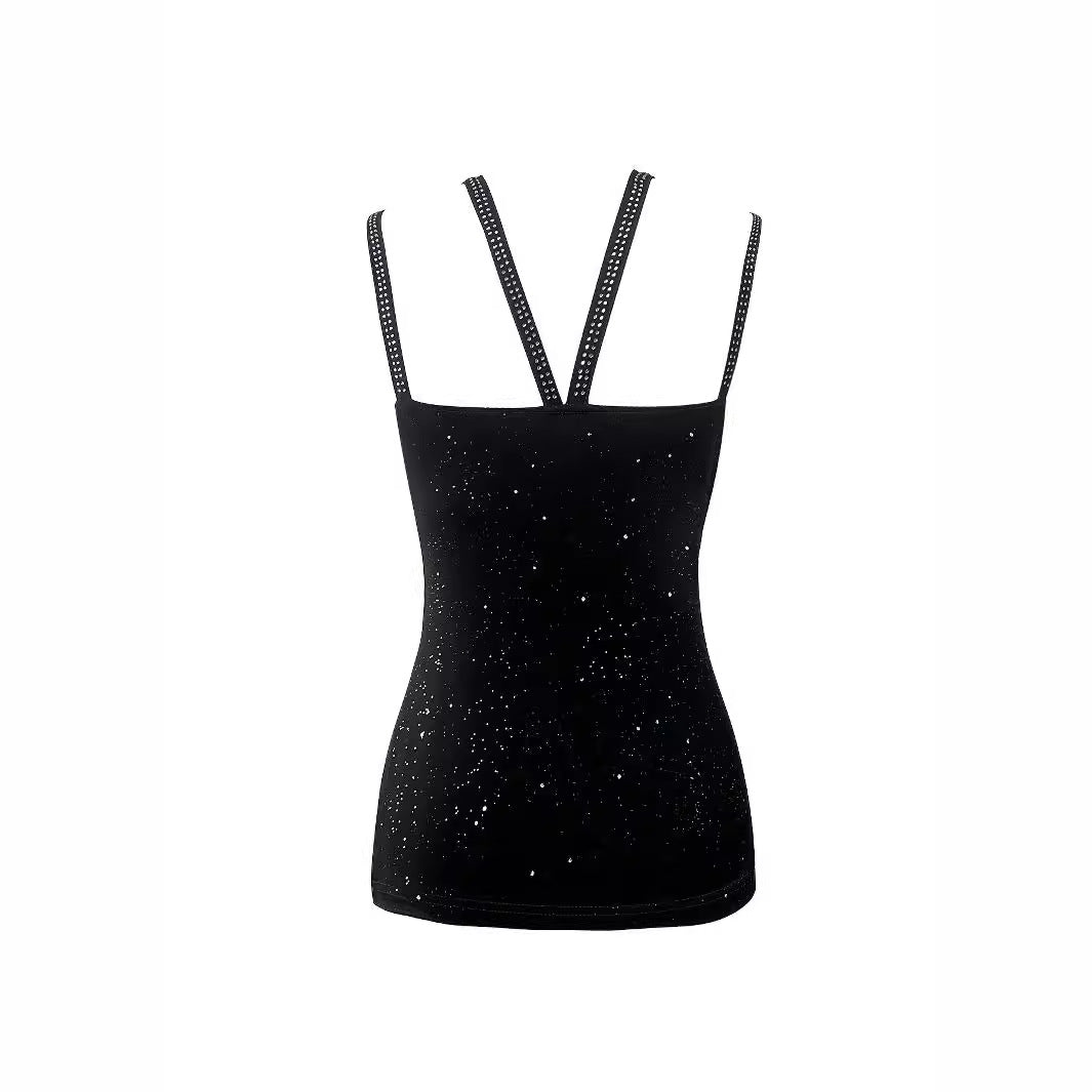 Damen Oberteil mit funkelndem Galaxie-Design und eleganten Spaghetti-Trägern Heidi-Mode