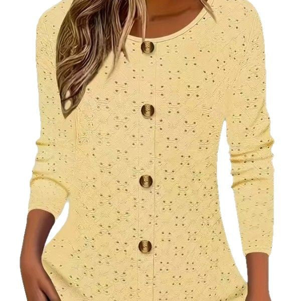Damen Langarm Blusenshirt mit dekorativen Knopfdetails und filigranem Lochmuster Heidi-Mode