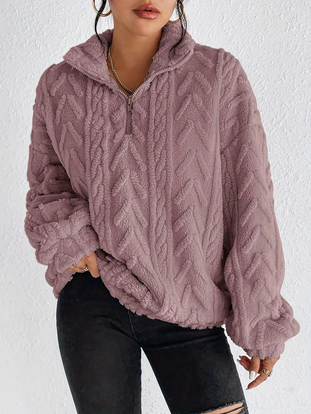 Damen Fleece Pullover mit hohem Kragen und strukturiertem Design Heidi-Mode