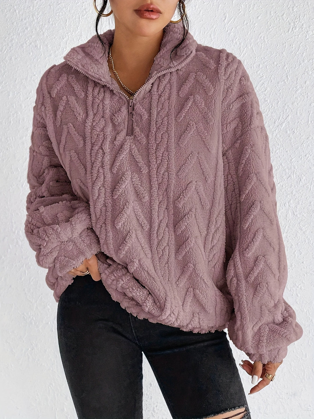 Damen Fleece Pullover mit hohem Kragen und strukturiertem Design Heidi-Mode