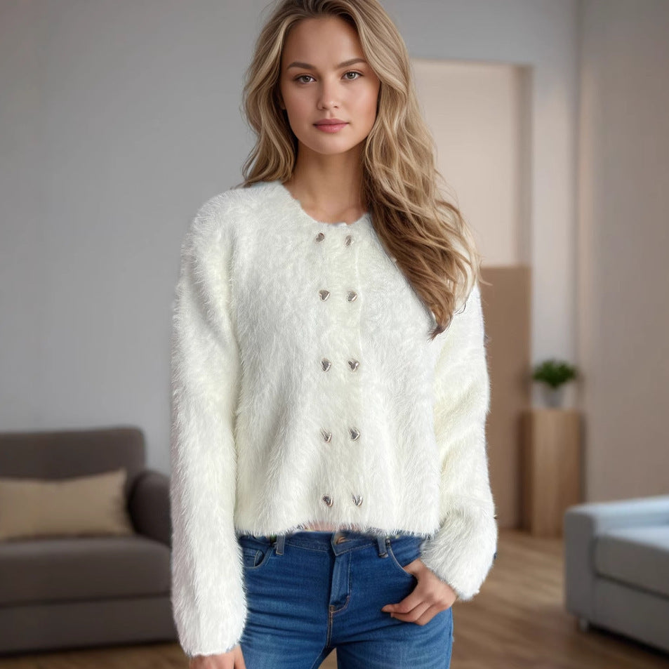 Damen flauschige Strickjacke mit herzförmigen Knöpfen und lockerer Passform Heidi-Mode