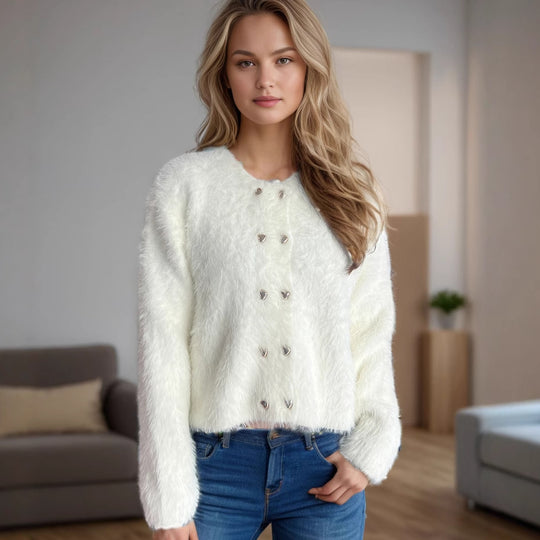 Damen flauschige Strickjacke mit herzförmigen Knöpfen und lockerer Passform Heidi-Mode