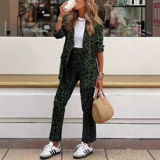 Damen elegantes Leinenanzug-Set im Leopardenmuster mit tailliertem Blazer und geraden Hose Heidi-Mode