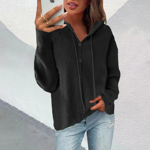 Damen Strickjacke mit Kapuze und Knopfleiste Heidi-Mode