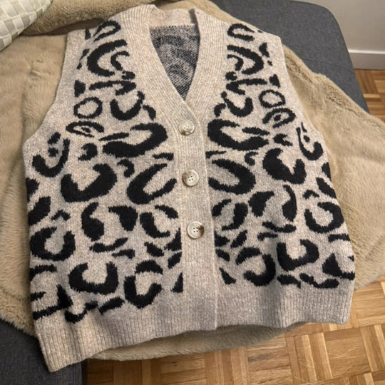 Damen Gemusterte Strickweste mit Knopfverschluss und Taschen Heidi-Mode