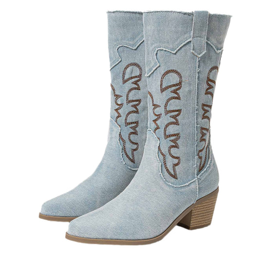 Damen Cowboy-Stiefel mit modischen Stickdetails und leichtem Blockabsatz Heidi-Mode