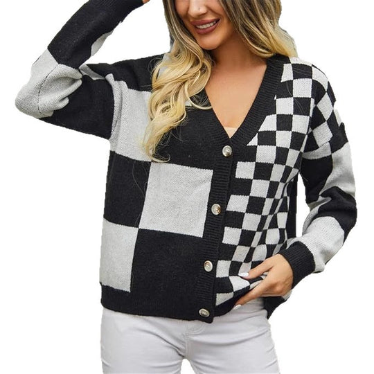 Damen modischer V-Ausschnitt Cardigan mit Karomuster Heidi-Mode