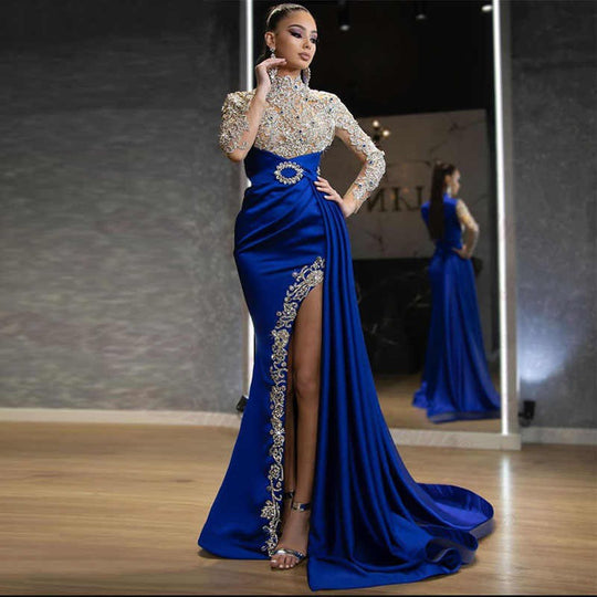 Damen Elegantes Abendkleid mit aufwendigen Spitzenapplikationen und hohem Schlitz Heidi-Mode