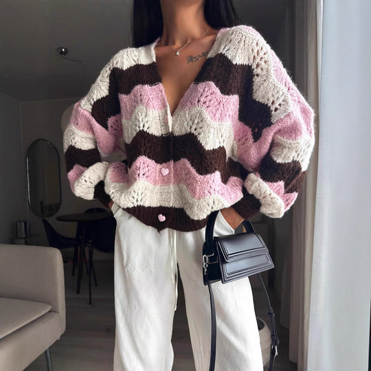 Damen gemütlicher Strickcardigan mit Wellenmuster Heidi-Mode
