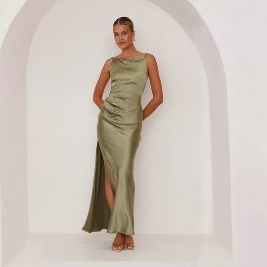 Damen schickes Maxikleid mit elegantem Schlitz und luxuriösem Satin-Finish Heidi-Mode